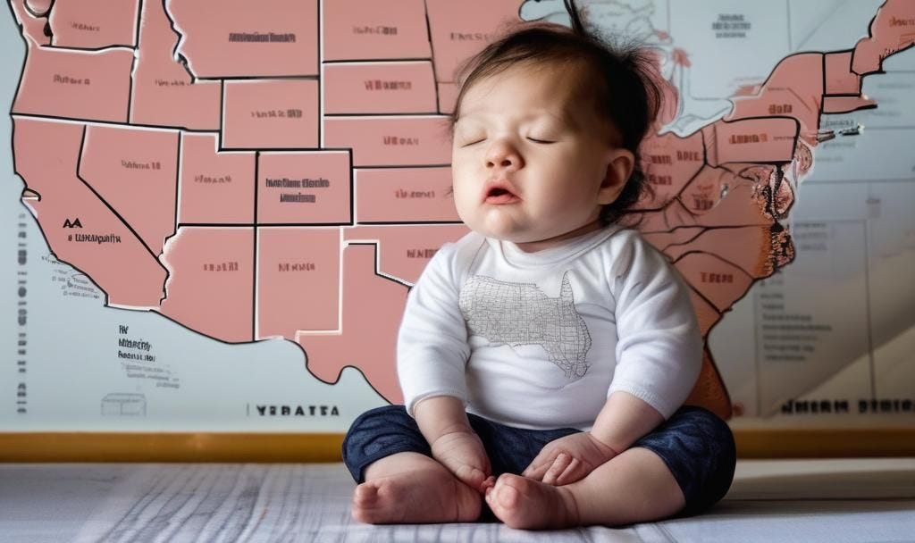 a baby meditating in front of an election returns map of the united states