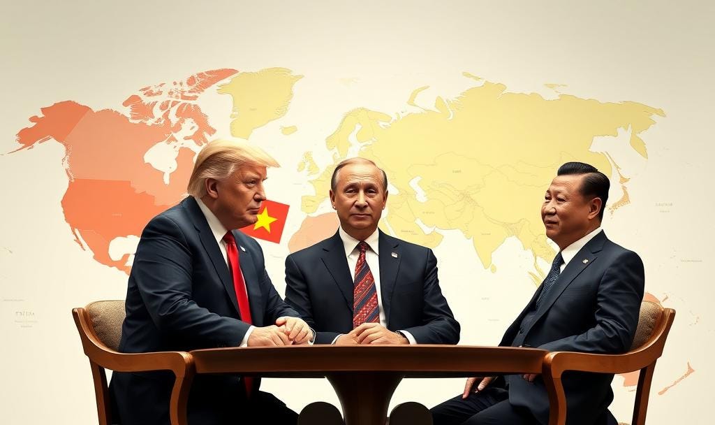 Trump, Putin and Xi Jinping negotiating over a map the world